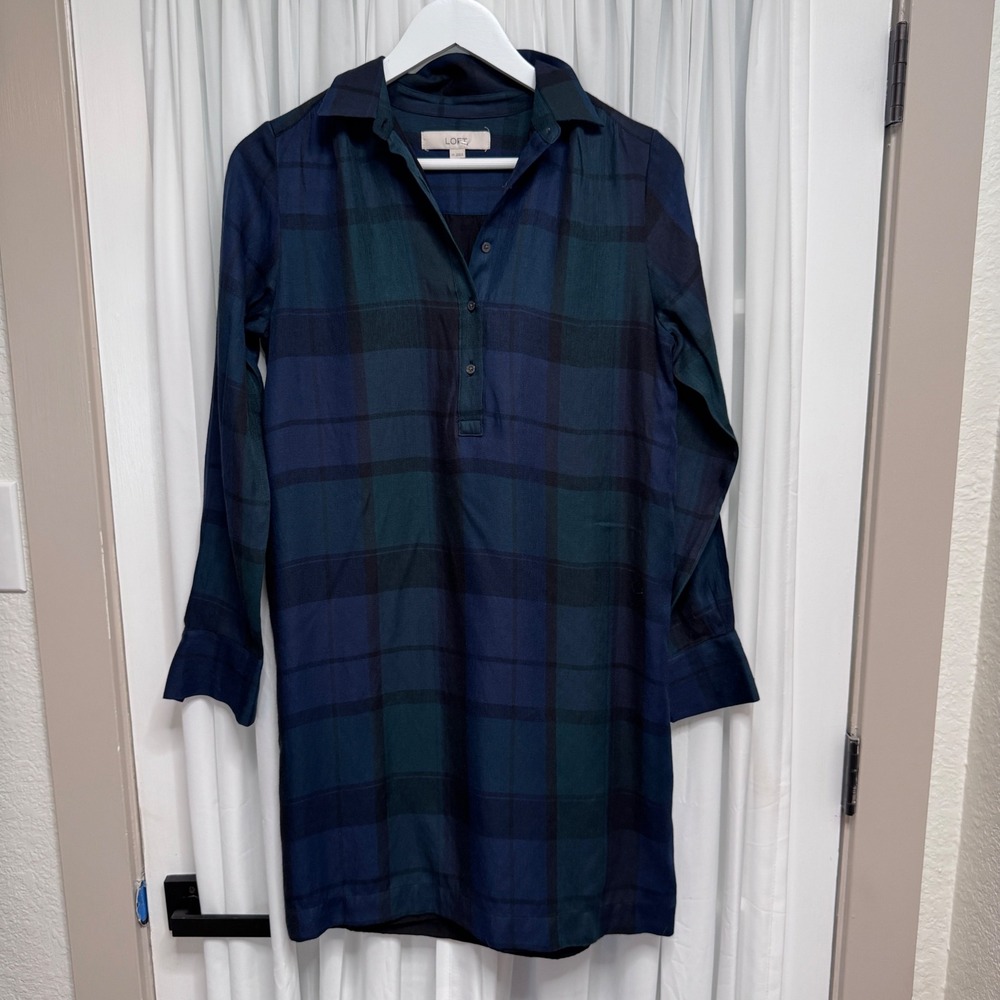 Loft Womens XS Black Watch Plaid Long Sleeve Button Front Shift Dress Navy Green
